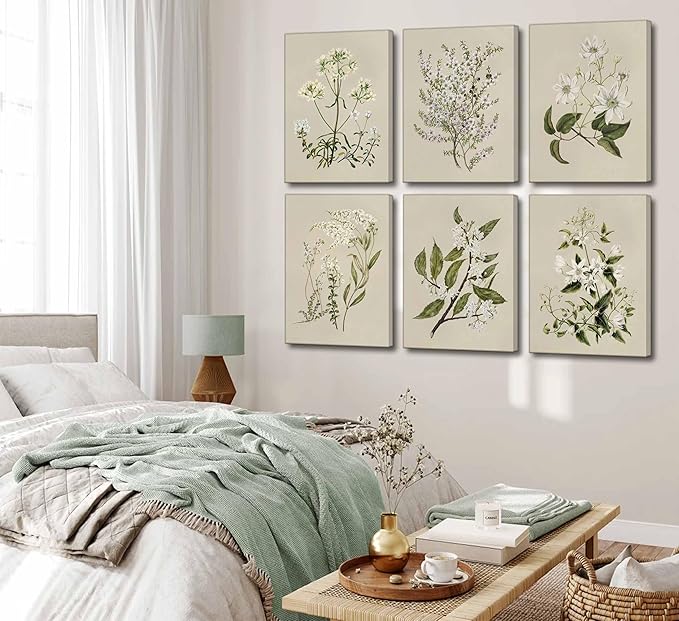 6 PCS Neutral Floral Canvas Wall Art Vintage Rustic Farmhouse Flower Botanical Painting Picture Wall Decor Poster Print Artwork for Living Room Bedroom Home Decoration
