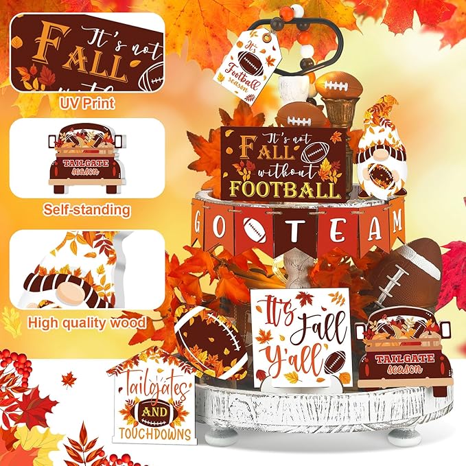 Sumind 15 Pcs Fall Tiered Tray Decor Set Fall Decorations for Home Autumn Wood Signs Thanksgiving Orange Brown Table Signs Farmhouse Wooden Maple Pumpkin Gnomes Tabletop for Festival(Football)