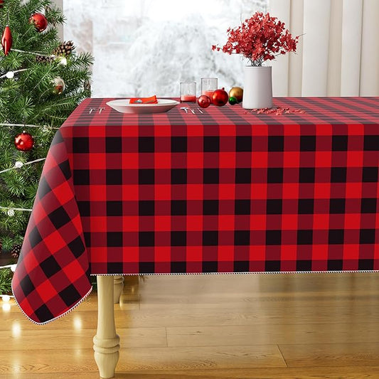 misaya Rectangle Christmas Waterproof Vinyl Table Cloth, Buffalo Flannel Backed Tablecloth, Wipeable Plastic Table Cover for Dinner, Kitchen, Picnic (52" x 70", Red and Black)