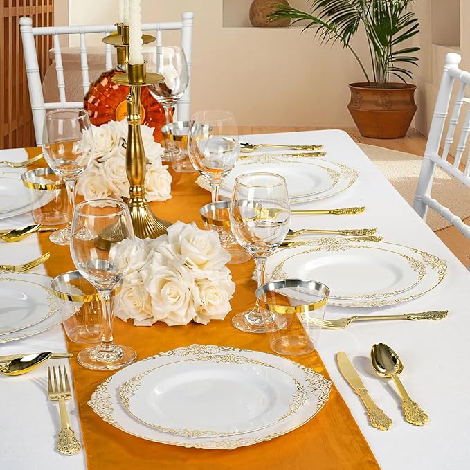 700PCS Gold Plastic Plates for 100 Guests, Disposable Dinnerware Sets Include 200 Gold Rim Plastic Plates, 100 Silverwares, 100 Cups, and 100 Pre Rolled Napkins for Party, Wedding