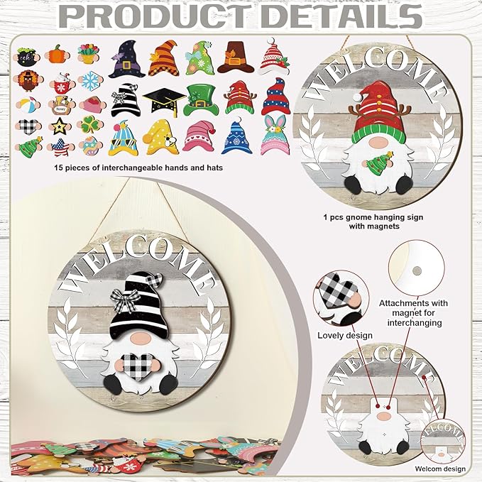 Qunclay Interchangeable Wooden Gnome Decor Holiday Seasonal Gnome Decorations with Magnet Pieces and Detachable Hats Changeable Welcome Sign for Home(Yellow and Grey)
