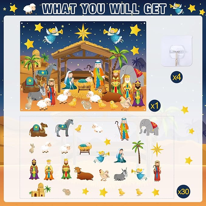 Christmas Nativity Scene Felt Story Board 3.4FT Christmas Felt Story Board Birth of Jesus Crafts Kit Xmas Religious Wall Decor Ornaments for Holiday Xmas Church Sunday School (35,Nativity)