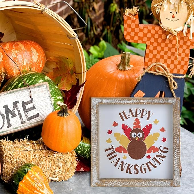 Embossed Happy Thanksgiving Sign, Thanksgiving Decorations for Table Cubicle Desk Mantel Fireplace, Vintage Autumn Decor Indoor Wooden Turkey Sign
