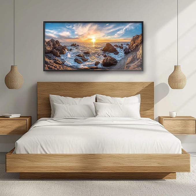 Coastal Large Wall Art for Living Room, Ocean Sunrise Oversized Wall Decor Pictures, Coast Seascape Framed Canvas Print Painting, Modern Artwork for Bedroom Office Home Decor 60"x30"
