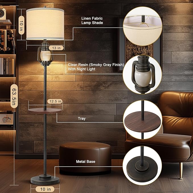 Farmhouse Lantern Floor Lamp with Tray For Living Room with Nightlight Vintage Tall Lamp With Linen Fabric Shade Industrial Standing Lamp For Bedroom Office Home House Study(Bulb Included)