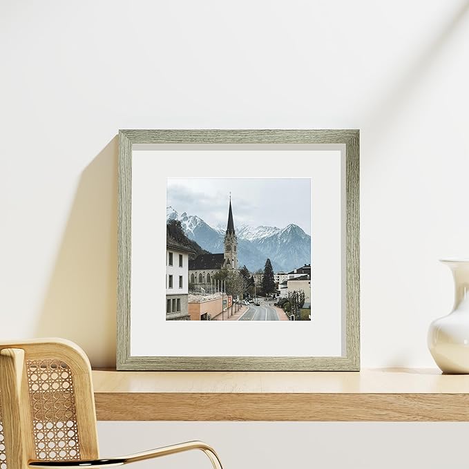 Vittanly 12x12 Picture Frames Set of 9, Shatter Resistant Plexiglass, Display 8x8 Pictures with Mat or 12x12 without Mat, Photo Frames for Wall Mount, Engineered Wood, Driftwood