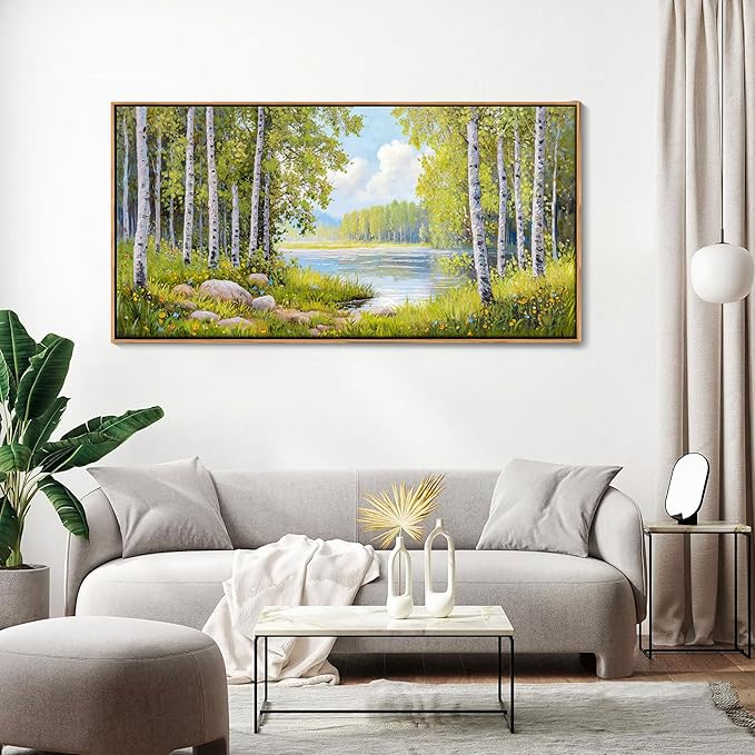 Forest & Mountain Wall Art Green Framed Nature Landscape Pictures for Living Room, Bedroom & Office Large Paintings Wall Decor Tree, Lake, and Mountain Artwork for Wall Decor 24x48IN