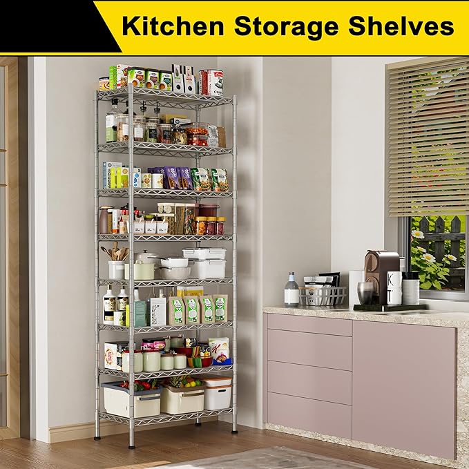 GIOTORENT 8-Wire Garage Shelving Storage Shelves, Kitchen Storage Adjustable Shelf, Metal Shelves 1600Lbs Capacity 24" W x 14" D x 72.2" H for Laundry Bathroom Pantry Closet, Silver