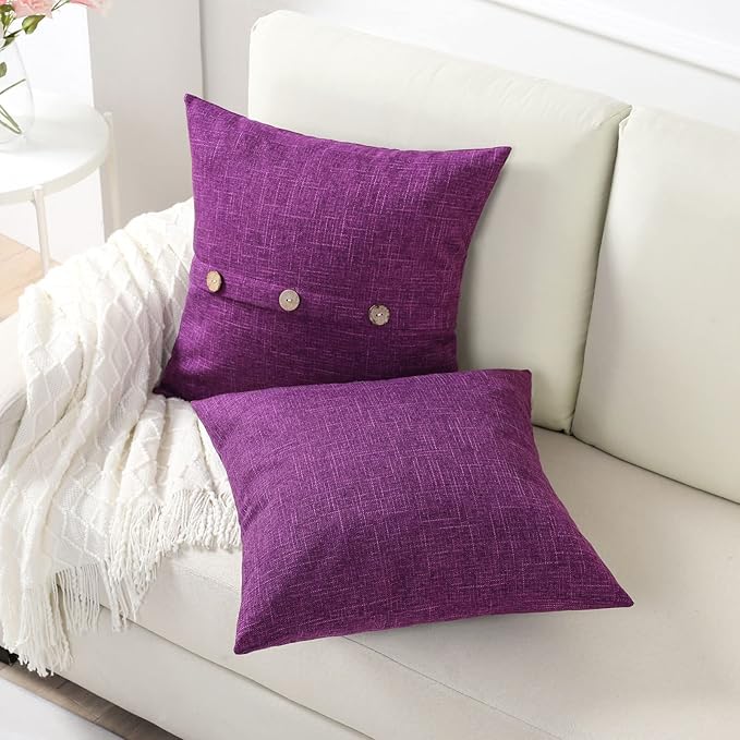 HAUSSY Purple Linen Decorative Throw Pillow Covers 18x18 Inch Set of 2,Square Cushion Case with 3 Vintage Buttons,Modern Farmhouse Home Decor for Couch,Bed