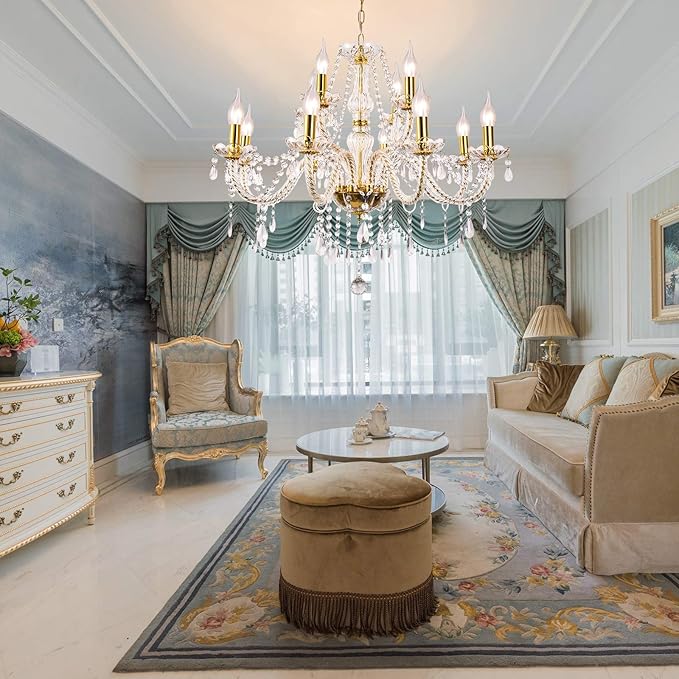 Panghuhu88 K9 Crystal Candle Chandeliers Lighting 12 Lights Pendant Ceiling Fixture Lamp for Dining Living Room Bedroom Hallway Entry Elegant Decoration (12 Bulbs)