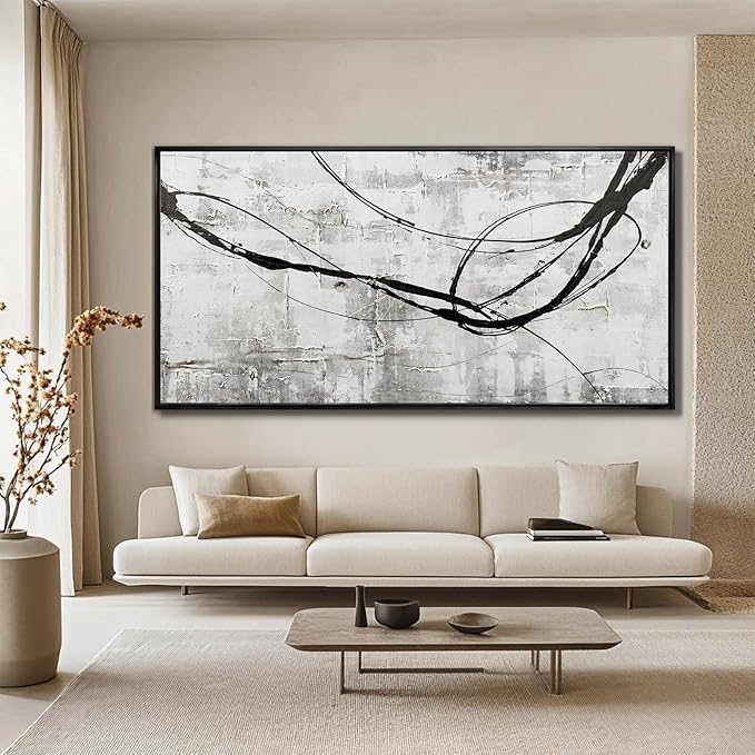 XIANSHOU Black Line Canvas Pictures Gray Decorative Painting 29"x58" Wood Wall Art Modern Art Prints Abstract Wall Art for Living Room Wall Pictures for Bedroom