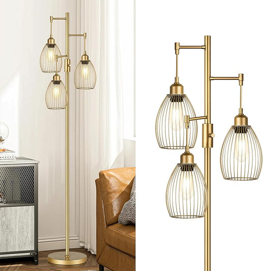 Dimmable Industrial Floor Lamps for Living Room, Gold Tree Standing Tall Lamps with 3 Elegant Teardrop Cage Head & 800 Lumens LED Bulbs for Bedroom Office