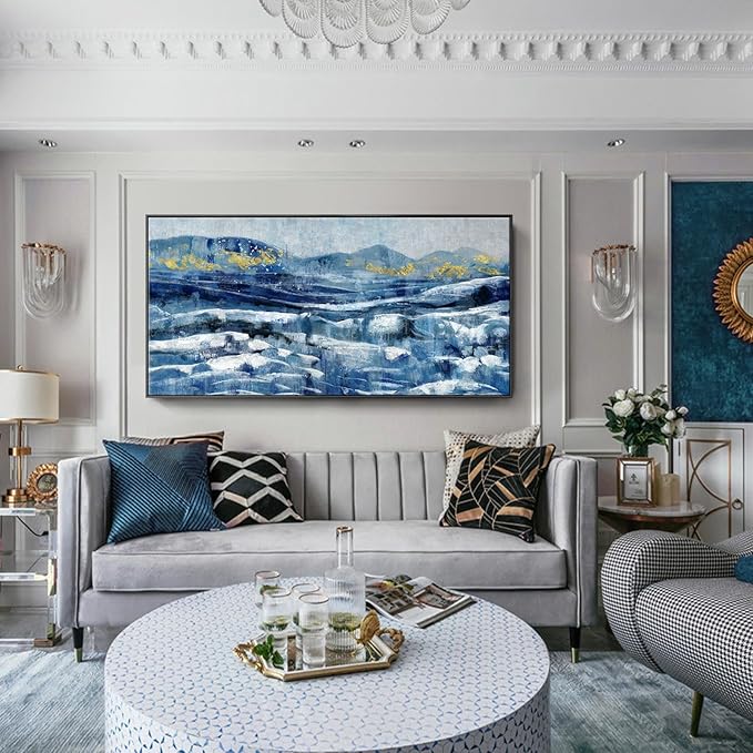 Framed Wall Art for Living Room Blue Black Yellow Abstract Mountain Peaks Canvas Print Sea Landscape Painting White Ocean Waves Textured Picture Modern Minimalist Seascape Coastal Artwork 30x60inch