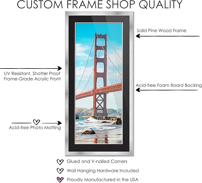 13x39 Frame Silver Wood with Black Mat | 16x42 Frame Matted to 13x39 | Display Your Print Under UV Acrylic Shatter Guard Front, with Foam Board Backing and Wall Hanging Hardware - Gallery Frame