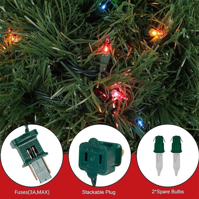 Biswing 50FT Pre-lit Christmas Green Garland, Lighted Artificial Pine Garlands with 100 Count Multicolor Mini Lights, Light Up for Indoor Outdoor Gate Home Winter Holiday New Year Decorations