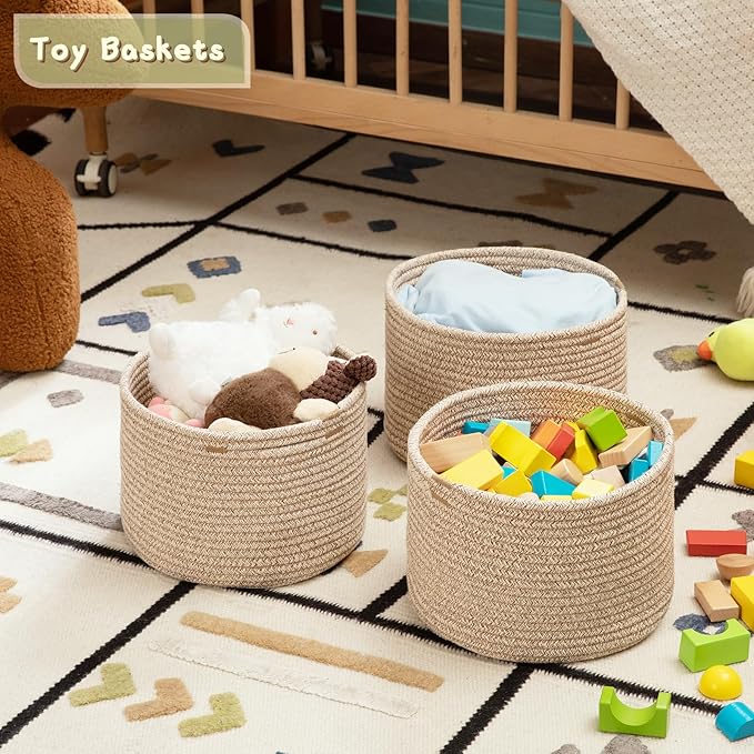 OIAHOMY Small Storage Baskets for Organizing,Closet Cube Shelf Storage, 9.8”×9.8”×7.1”, Woven Cotton Rope Gift Baskets for Nursery,Cute Dog Toy bins, Round 3 Packs, Brown