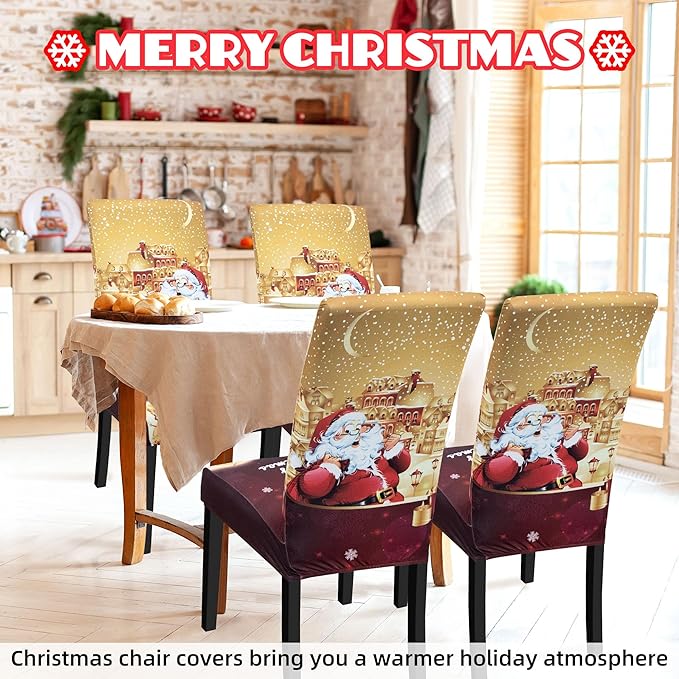 Christmas Chair Covers, Stretch Dining Covers, Dining Room Chair Covers Set of 4, Removable Washable Dining Chair Slipcovers for Home Hotel Banquet Holiday Decoration