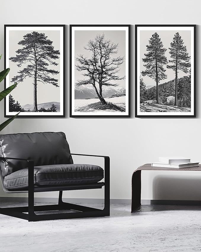 KUVIOKE Vintage Black Gray Forest Wall Art Framed Antique Retro Tree Prints Modern Rustic Artwork Bedroom Living Room Ready to Hang 16x24in (Black Framed)