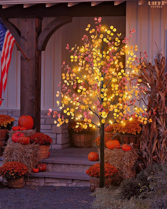 Uieke 6FT 96LED Lighted Thanksgiving Eucalyptus Tree Artificial Tree with 24PCS Pumpkin Lights 8 Modes Thanksgiving Fall Decorations for Home Autumn Decor Indoor Outdoor