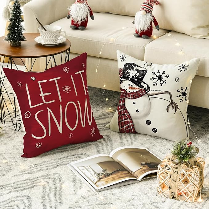 AVOIN colorlife Merry Christmas Snowman Let It Snow Throw Pillow Covers, 20 x 20 Inch Xmas Tree Winter Holiday Cushion Case Decoration for Sofa Couch Set of 4