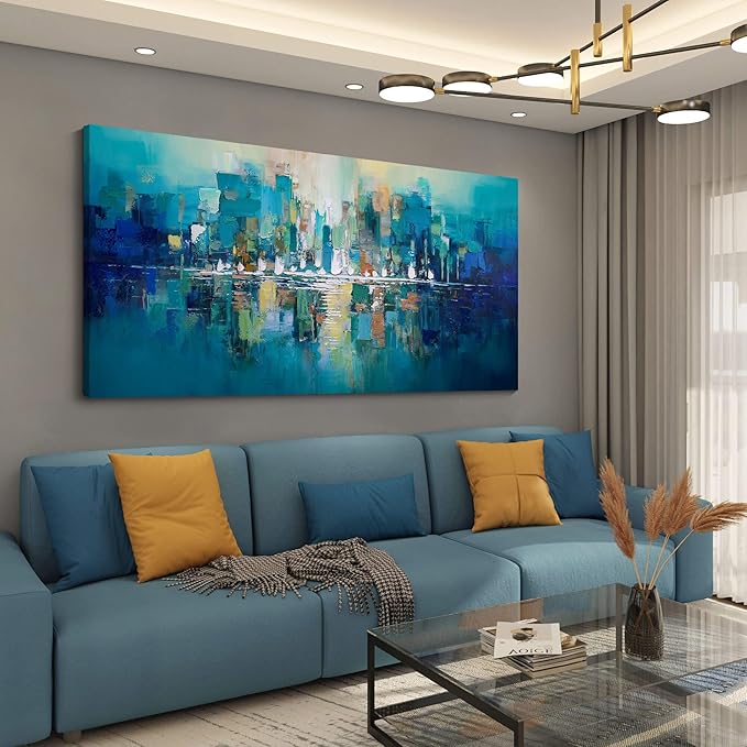 Large Wall Art for Living Room - Abstract Wall Decor Framed Picture Artwork for Wall Decorative Paintings Teal and White Modern Office Bedroom Art