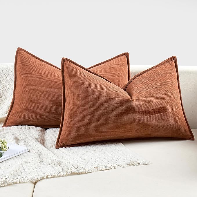 MIULEE Fall Pack of 2 Burnt Orange Decorative Lumbar Pillow Covers 12x20 Inch Chenille Luxurious Couch Throw Pillows Farmhouse Cushion Covers with Elegant Design for Sofa Bed Living Room Home Decor