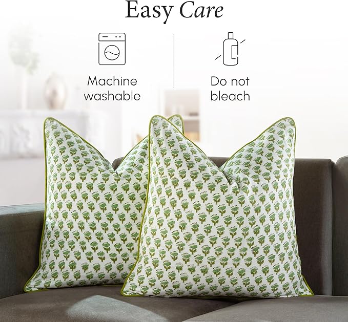CPC 100% Cotton Throw Pillow Covers 18x18 Inch, Set of 2 Green Block Print Pattern Couch Pillow, Cute Boho Decorative Pillows for Living Room, Bedroom with Hidden Zipper- Emerald Green