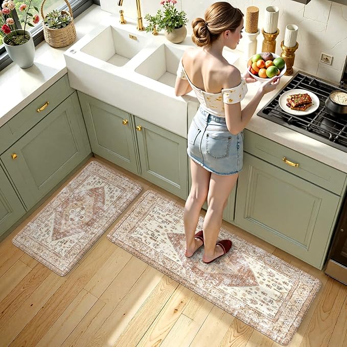 KIMODE Farmhouse Kitchen Mats,Anti Fatigue Kitchen Rugs Sets of 2, Non Slip Waterproof Kitchen Floor Mats, Ergonomic Cushioned Comfort Standing Mat for Laundry, Office, Sink,Desk,Mutil-Khaki