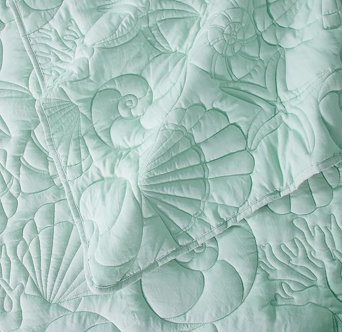 WDCOZY Coastal Beach Twin Size Quilt Bedding Sets, Seafoam Green Nautical Tropical Ocean Bedspread, Scallop Seashell Soft Coverlet, Lightweight Summer Thin Comforter for All Season
