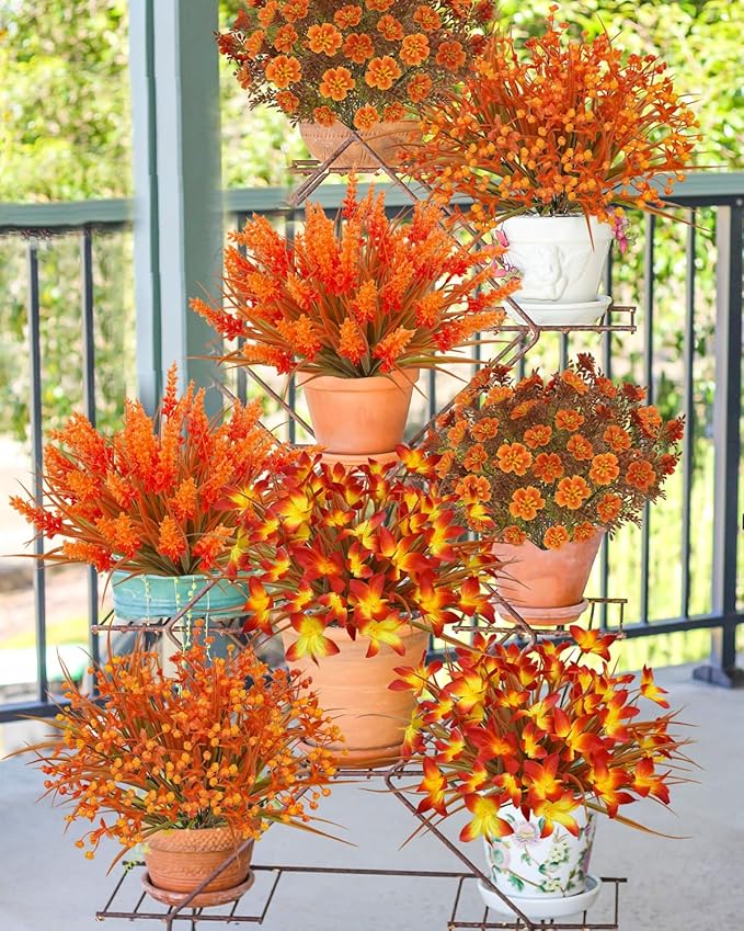 Uieke 36 Bundles Artificial Fall Flowers for Outdoors, Fake Autumn Plants UV Resistant No Fade Faux Plastic Plants for Garden Porch Window Box Outside Wedding Fall Decor
