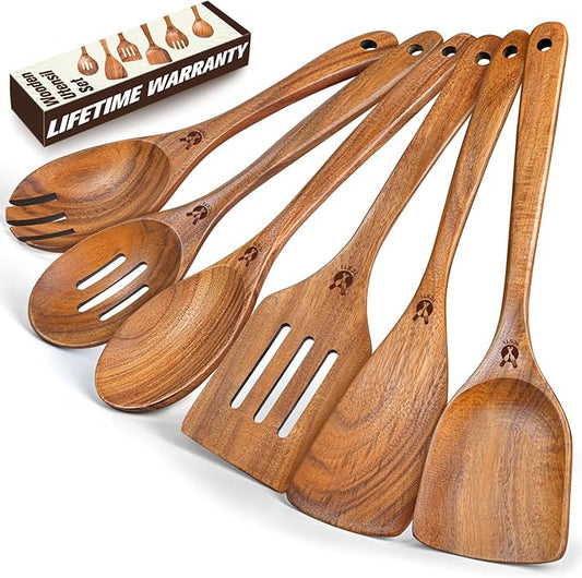 Wooden Spoons for Cooking, 6 Pcs Natural Teak Wooden Kitchen Utensils Set, Cooking Utensils Set with Long & Comfort Grip, Wooden Spoons Spatula Set Perfect for Non-Stick Cookware