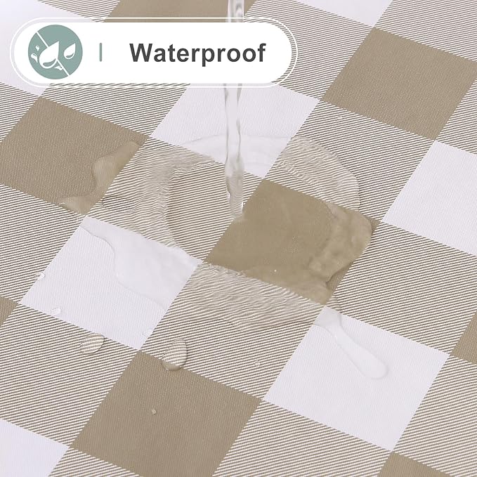 misaya Round Waterproof Vinyl Table Cloth, Buffalo Flannel Backed Tablecloth, Wipeable Plastic Table Cover for Fall, Thanksgiving (60", Khaki and White)