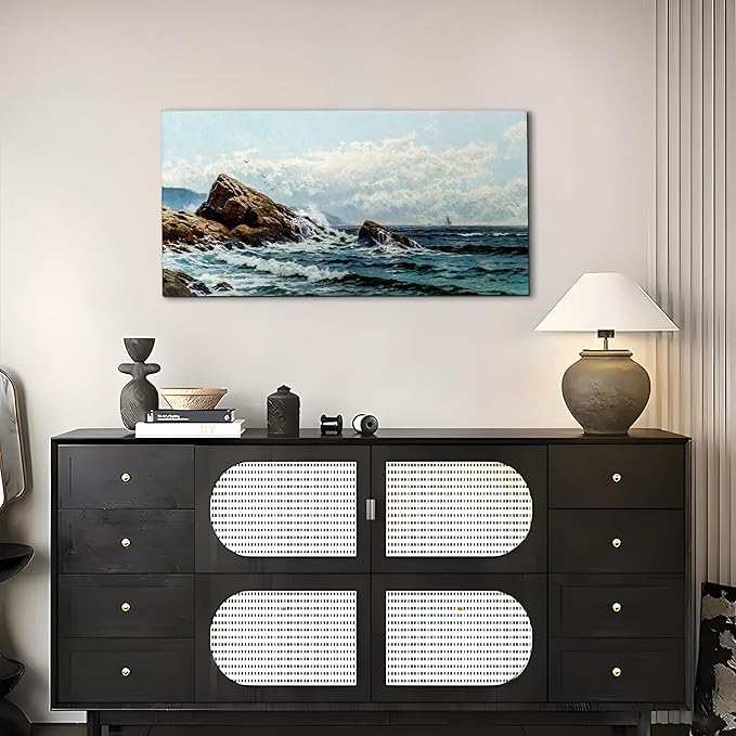 crmotu Coastal Large Wall Art, Ocean Landscape Vintage Oil Paintings, Blue Nature Scenic Canvas Art Prints, Waves and Rocks Pictures Wall Decor Living Room Bathroom Bedroom, Office Decor 20"X40"