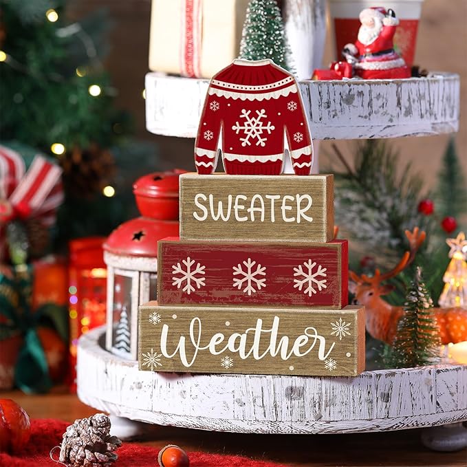 4 Pcs Christmas Table Decor Wooden Sweater Decoration Christmas Table Centerpiece Winter Tiered Tray Decor Decorative Sweater Block Signs Gift Farmhouse Xmas Decoration for Home Kitchen