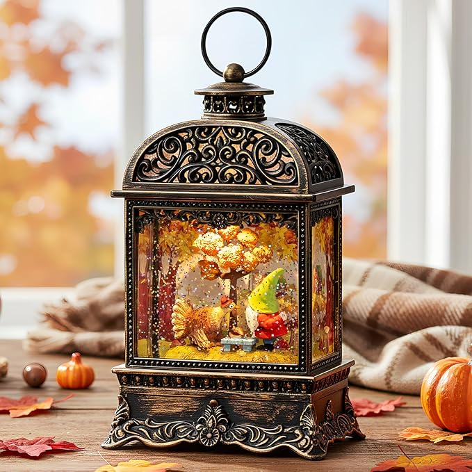 Fall Decor Snow Globe Lantern, Thanksgiving Decoration Swirling Glitter Gnome Snow Globe with Turkey, Harvest Day Gifts, Home Fall Halloween Decor
