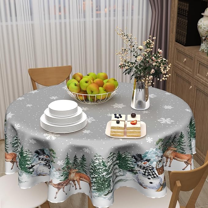 Winter Snowflake Round Tablecloth 60 Inch Winter Deer Pinetree Decoration Table Cloth Winter Woodland Decorative Table Cloth Holiday Tablecloths Christmas Snowman Table Cover for Home Kitchen Dinner