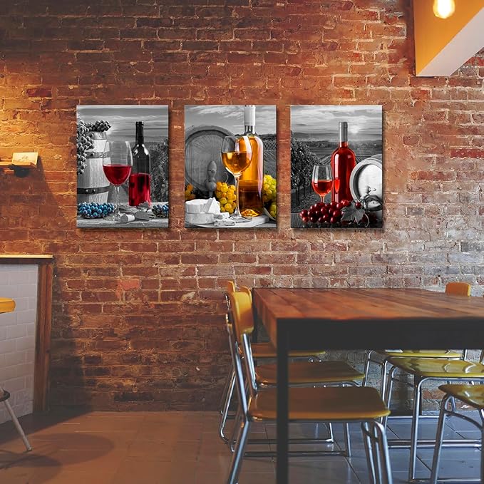 Wine Fruit Wall Art Kitchen Decor - Red Wine Cups and Grape Barrel Canvas Artwork Modern Pictures Paintings Ready to Hang