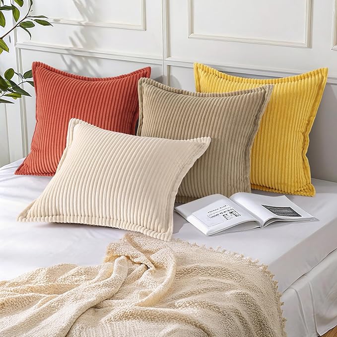 Mecatny Corduroy Throw Pillow Covers 18x18 Set of 2, Neutral Decorative Soft Boho Couch Pillow Covers with Broadside for Sofa Living Room, Beige