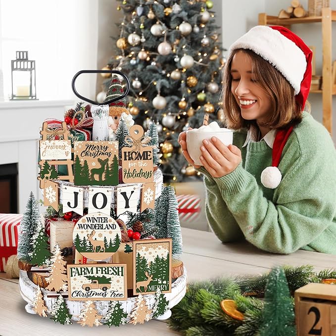 17 Pcs Christmas Tiered Tray Decor Set Winter Tiered Tray Decorations Farmhouse Tabletop Centerpiece Christmas Wooden 3D Sign for Xmas Home Buffalo Plaid Rustic Table Decoration(Forest)