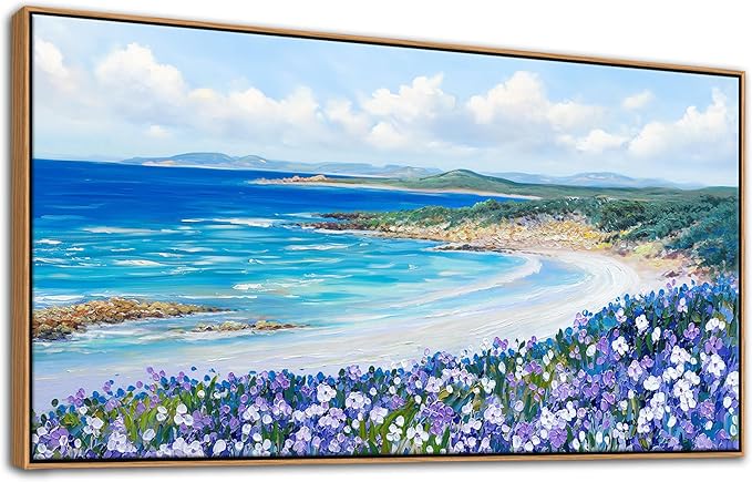 Mofutinpo Coastal Beach Wall Art,Large Purple Flower Landscape Canvas Wall Art for Living Room & Bedroom Decor, Framed Blue Beach Pictures & Paintings for Walls,Ocean Artwork for Home & Office 29x58IN