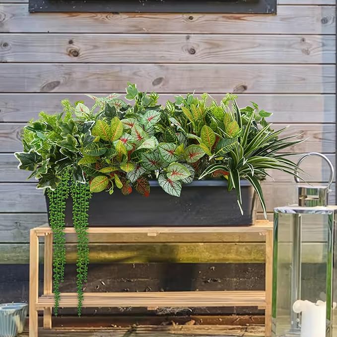 GTIDEA 17 Bundles Outdoor Artificial Plants UV Resistant Fake Greenery Stems Faux Shrubs for Indoor Outside Hanging Front Porch Patio Garden Window Box Home Decor