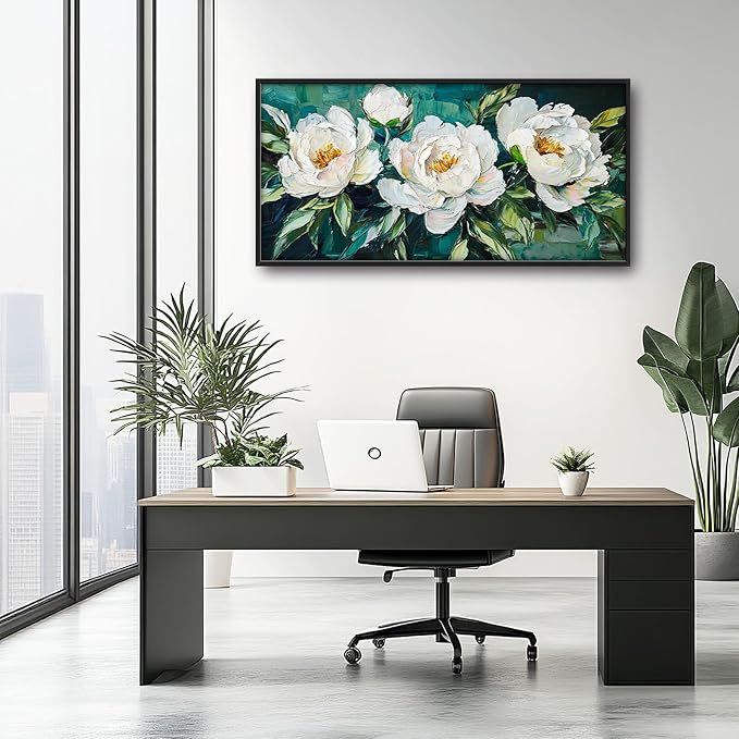 White Flower Large Wall Art for Living Room, Peoney Floral Oversized Wall Decor Pictures, Rustic Framed Canvas Print Painting, Modern Artwork for Bedroom Office Home Decor 60"x30"