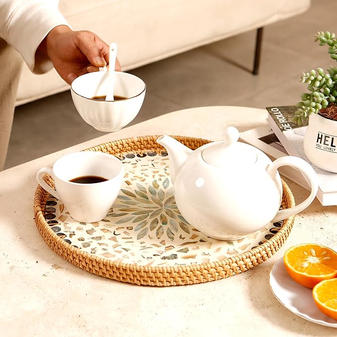 Round Rattan Tray with Mother of Pearl Inlay & Wooden Base - Decorative Wicker Serving Tray for Coffee/Bread/Fruits, Food Storage & Display - Multipurpose Home Decor (M,Blue Shells)