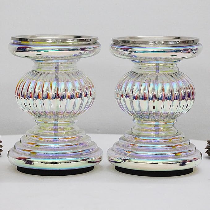 Mercury Glass Pillar Candle Pedestal Holders with Lights Set of 2,Candle Holder for Pillar Candle,Candlestick Holders,Perfect Decoration for Wedding Home Dining Table Xmas (Colorful)