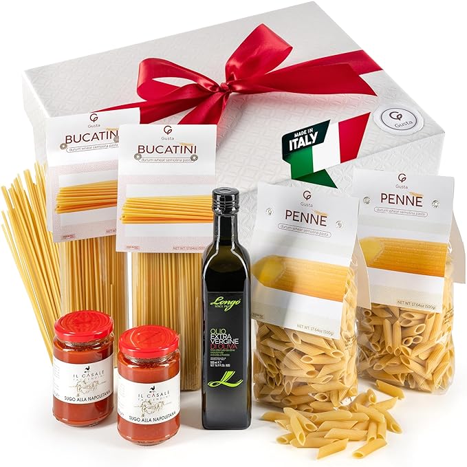Gusta Pasta Gift Basket in Deluxe Packaging - Made in Italy - Healthy Holiday Basket Gift for Men, Birthdays, Families, Parties, Housewarming, Client Thank You & Sympathy