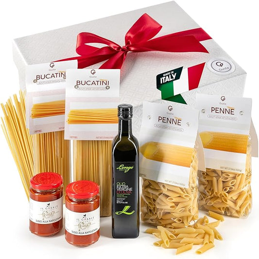 Gusta Pasta Gift Basket in Deluxe Packaging - Made in Italy - Healthy Holiday Basket Gift for Men, Birthdays, Families, Parties, Housewarming, Client Thank You & Sympathy