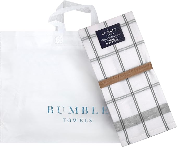 Premium Kitchen Towels (20”x 28”, 6 Pack) – Large Cotton Kitchen Hand Towels – Flat & Terry Towel – Highly Absorbent Tea Towels Set with Hanging Loop (Grey Check)