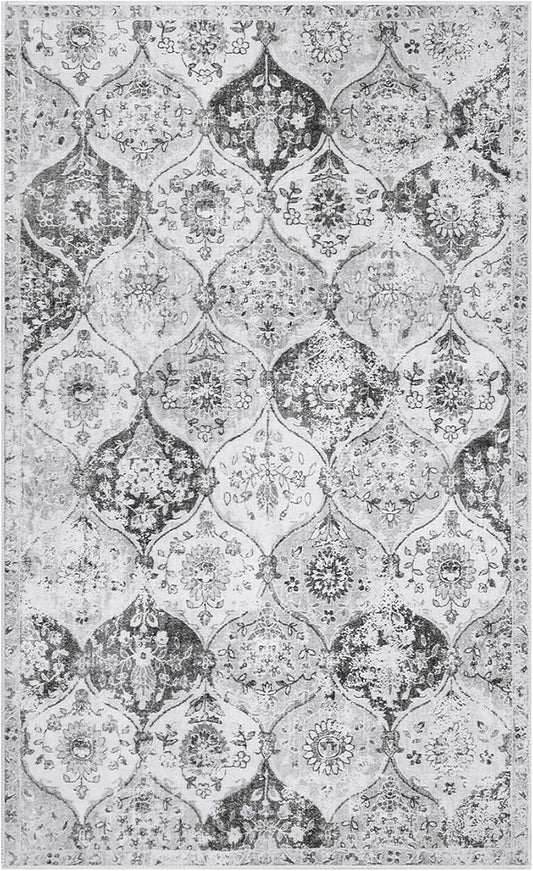 Lahome Moroccan Trellis Washable Small Area Rug, 3x5 Area Rug for Bedroom Living Room, Non-Slip Oriental Accent Throw Carpet for Kitchen Office Entryway Bathroom Office, Silver/Grey