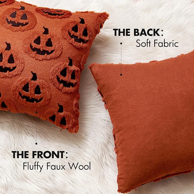 MIULEE Fall Halloween Throw Pillow Covers 18x18 Decorative Pumpkin Pattern Pillowcases Soft Plush Faux Wool Cushions for Home Patio Sofa Couch,Dark Rust