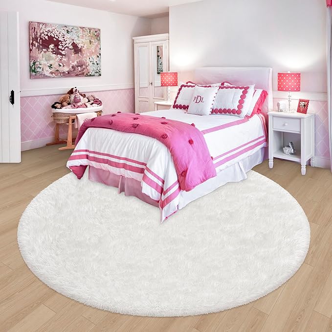 6x6 ft Tie Dye White Round Rug for Bedroom Room Fluffy Circle Rug Furry Carpet Shaggy Circular Fuzzy Washable Non-Slip Large Area Rug Soft Indoor for Living Room Cute Aesthetic Home Decor